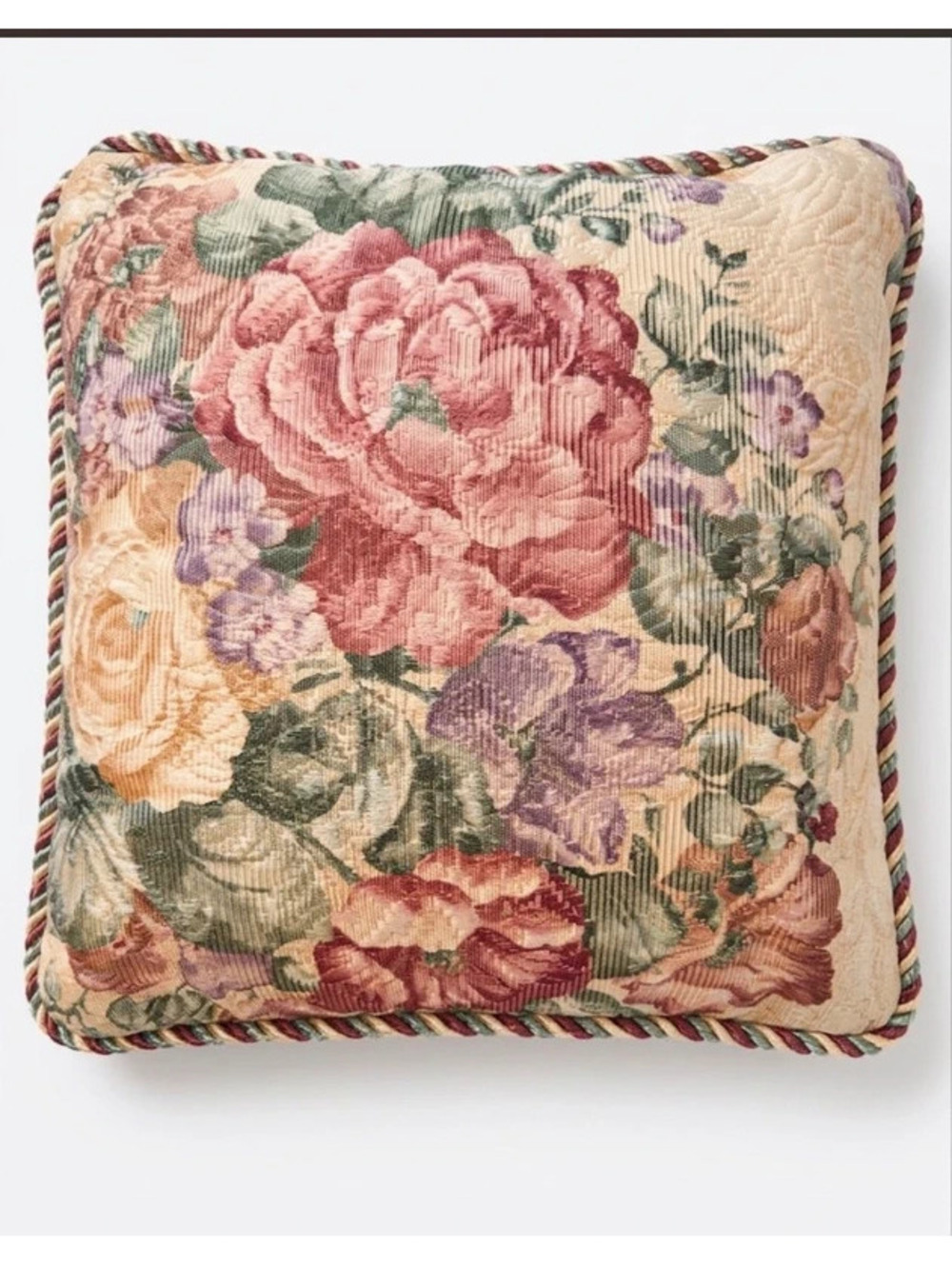 Vintage Floral Tapestry Throw Pillow with Twisted Rope Trim